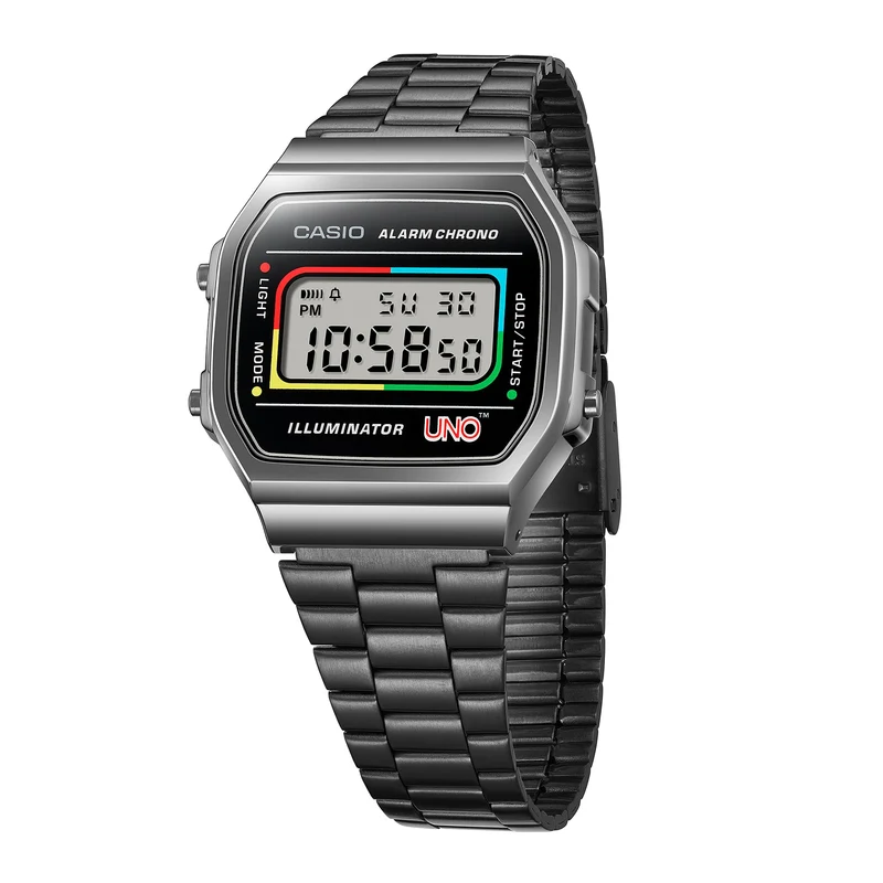 Casio A168WEUC-1AER Vintage Unisex Armbanduhr • UNO Special Edition • EL-Hintergrundbeleuchtung