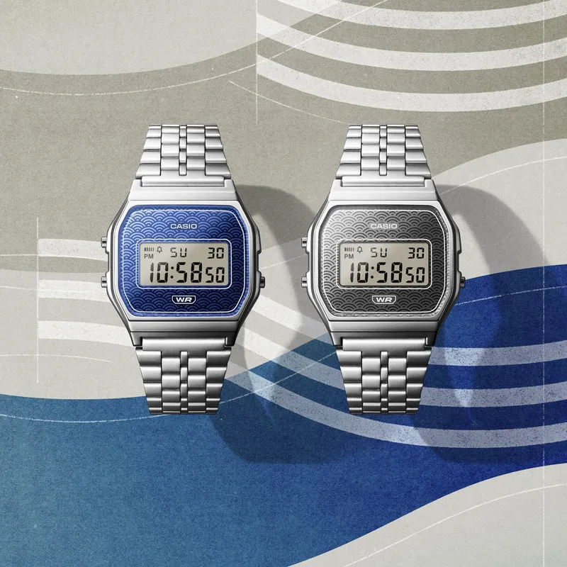 Casio Vintage A159WEVJ-7ER Unisex Armbanduhr Silber • Seigaiha-Muster • Made in Japan