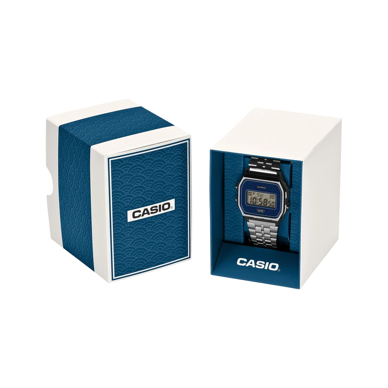 Casio Vintage A159WEVJ-7ER Unisex Armbanduhr Silber • Seigaiha-Muster • Made in Japan