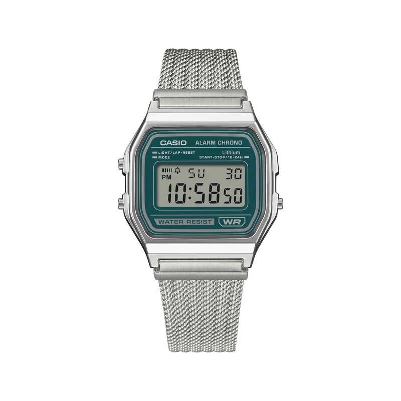 Casio Vintage A158WEM-3EF Armbanduhr Grün • Mesh-Armband • Stoppuhr