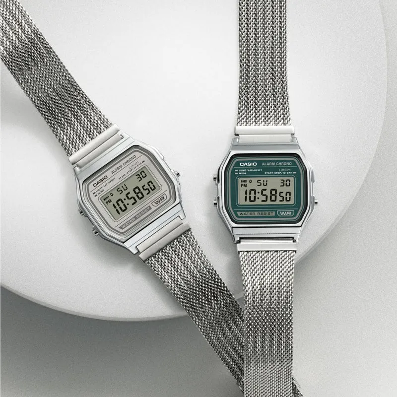 Casio Vintage A158WEM-3EF Armbanduhr Grün • Mesh-Armband • Stoppuhr