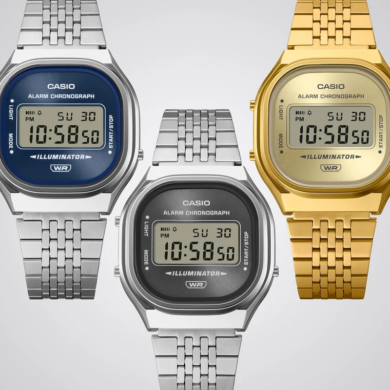Casio Vintage A140WE-2AEF Armbanduhr Silber • Digitales Zifferblatt mit Sunray-Finish • Retro-Metall-Armband