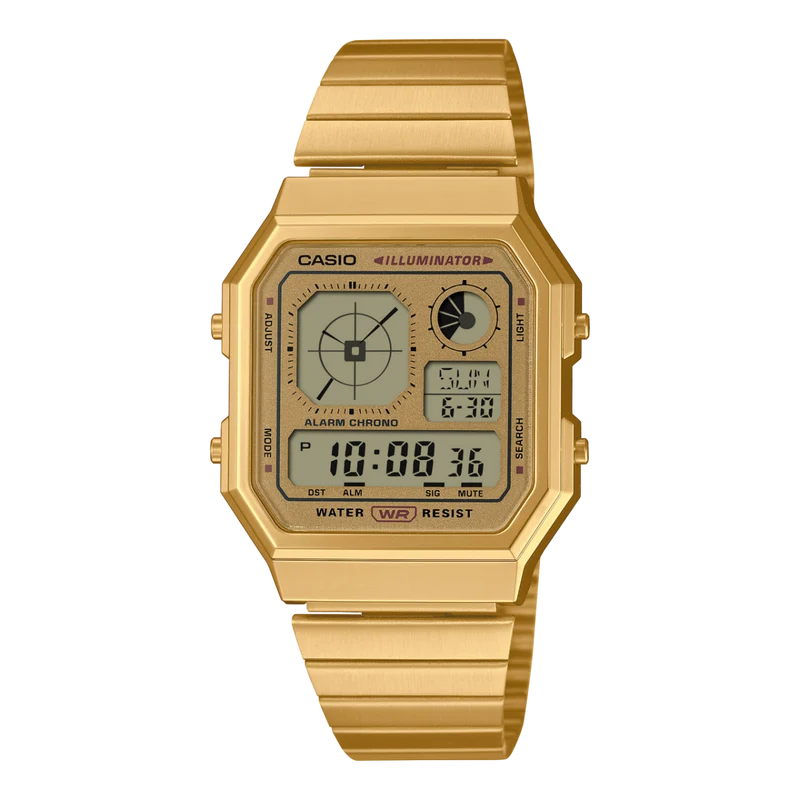 Casio Edgy A130WEG-9AEF Armbanduhr Gold • LCD mit Analoguhranzeige • Retro-futuristisches Design