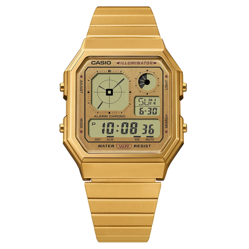 Casio Edgy A130WEG-9AEF Armbanduhr Gold • LCD mit Analoguhranzeige • Retro-futuristisches Design