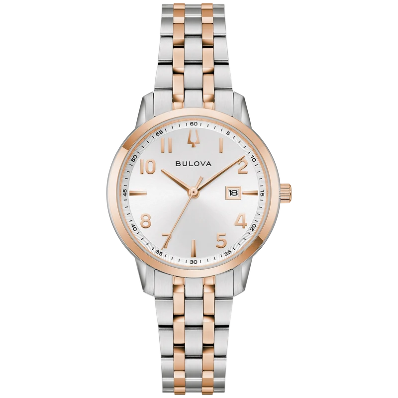 Bulova Classic 98M140 Damenuhr Silber • Bicolor Roségold • Gebogenes Kristallglas
