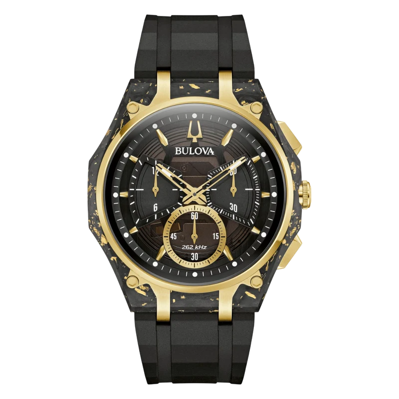 Bulova CURV 98A328 Herrenuhr Schwarz • Geschwungenes Saphirglas • Carbon & Gold Chronograph
