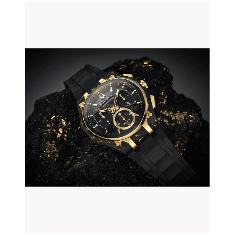 Bulova CURV 98A328 Herrenuhr Schwarz • Geschwungenes Saphirglas • Carbon & Gold Chronograph