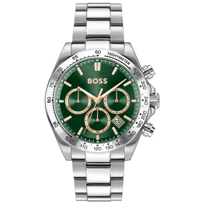 BOSS Hero Sport 1514268 Herrenuhr Grün • Chronograph mit Datum • Edelstahlarmband