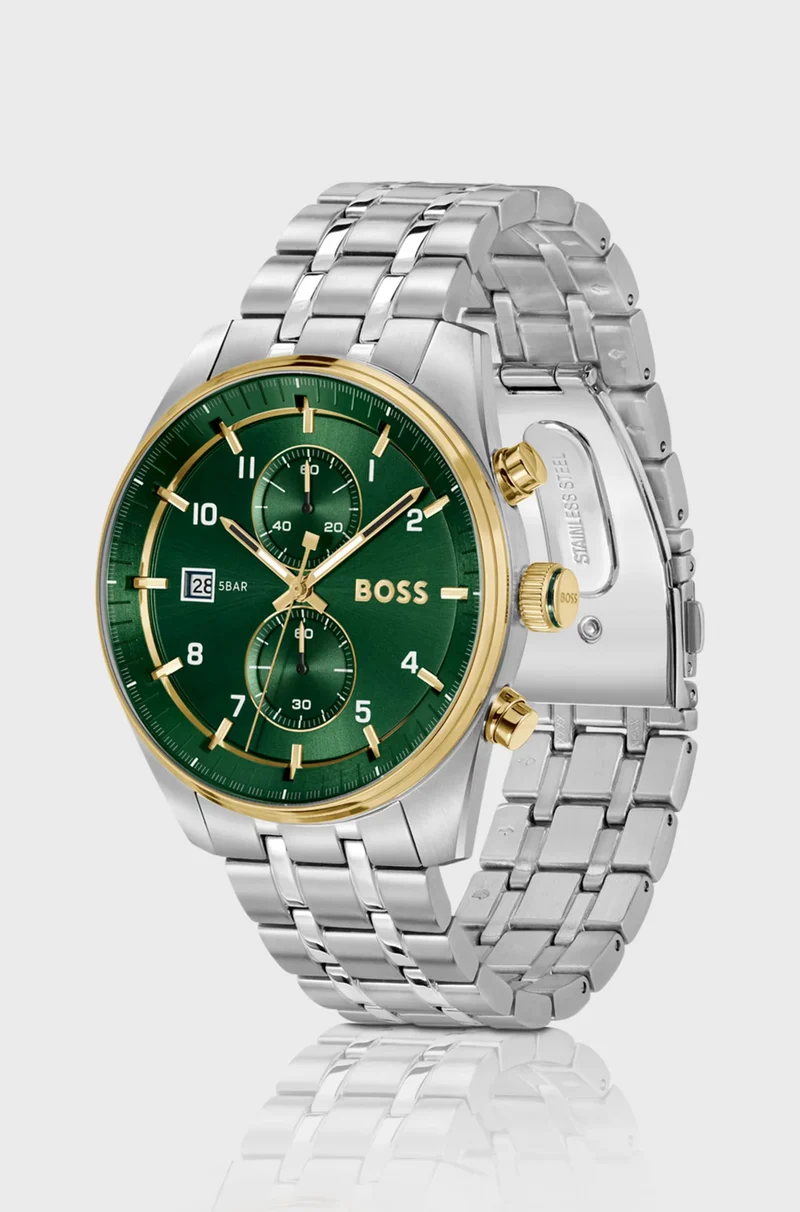 BOSS Skytraveller 1514195 Herren Armbanduhr Silber • Zweifarbiger Chronograph • Grünes Zifferblatt