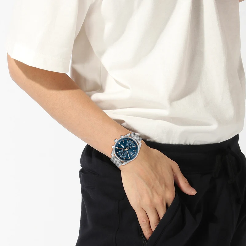 BOSS Skytraveller 1514149 Herren Armbanduhr Blau • Chronograph • Edelstahl-Mesh-Armband