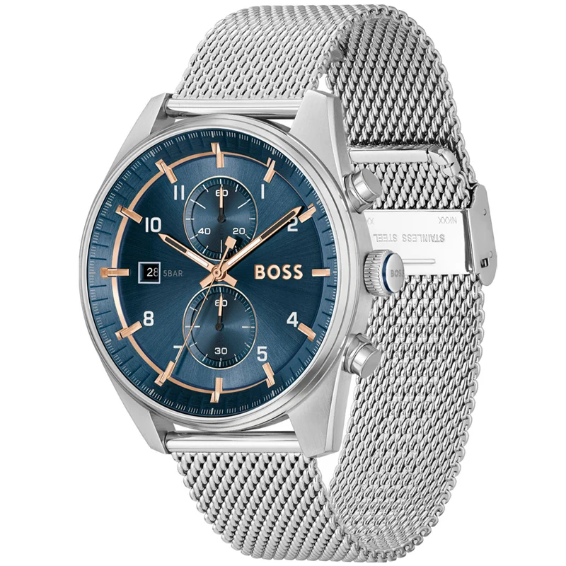 BOSS Skytraveller 1514149 Herren Armbanduhr Blau • Chronograph • Edelstahl-Mesh-Armband