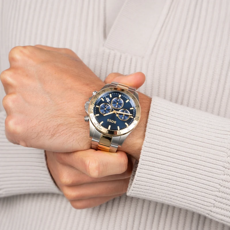 BOSS Hero Sport 1513767 Herren Armbanduhr Bicolor • Chronograph-Optik mit Tachymeter • 5 BAR Wasserdicht