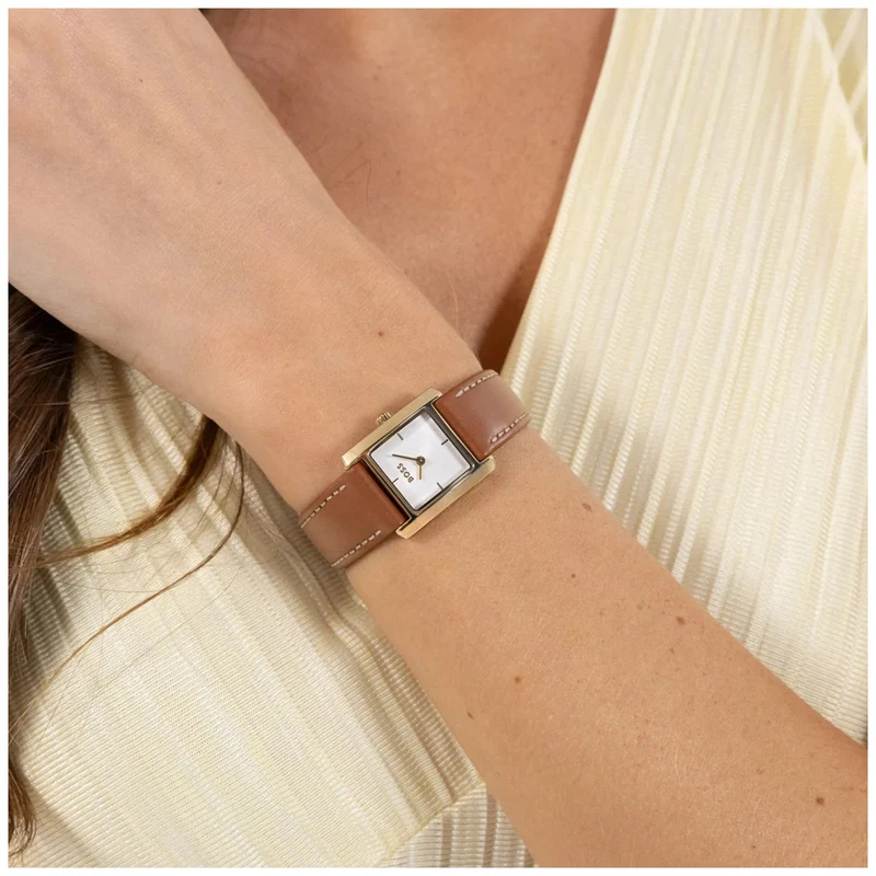 BOSS Lucy Scala 1502846 Damen Armbanduhr Goldfarben • Mineralglas • Lederarmband Braun