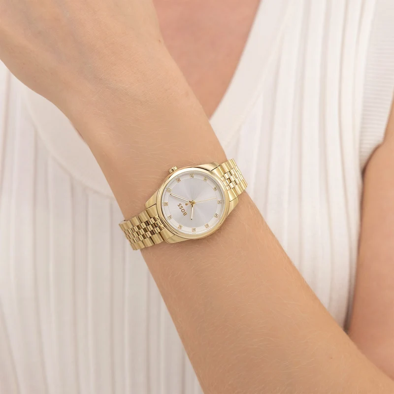BOSS Graceful Precious 1502810 Damen Armbanduhr Goldfarben • Silberfarbenes Zifferblatt • Elegantes Design