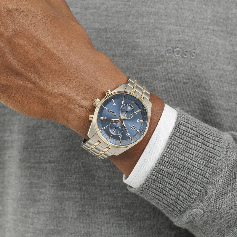 BOSS Skytraveller 1514247 Herren Armbanduhr Blau • Chronograph • Bicolores Edelstahlarmband