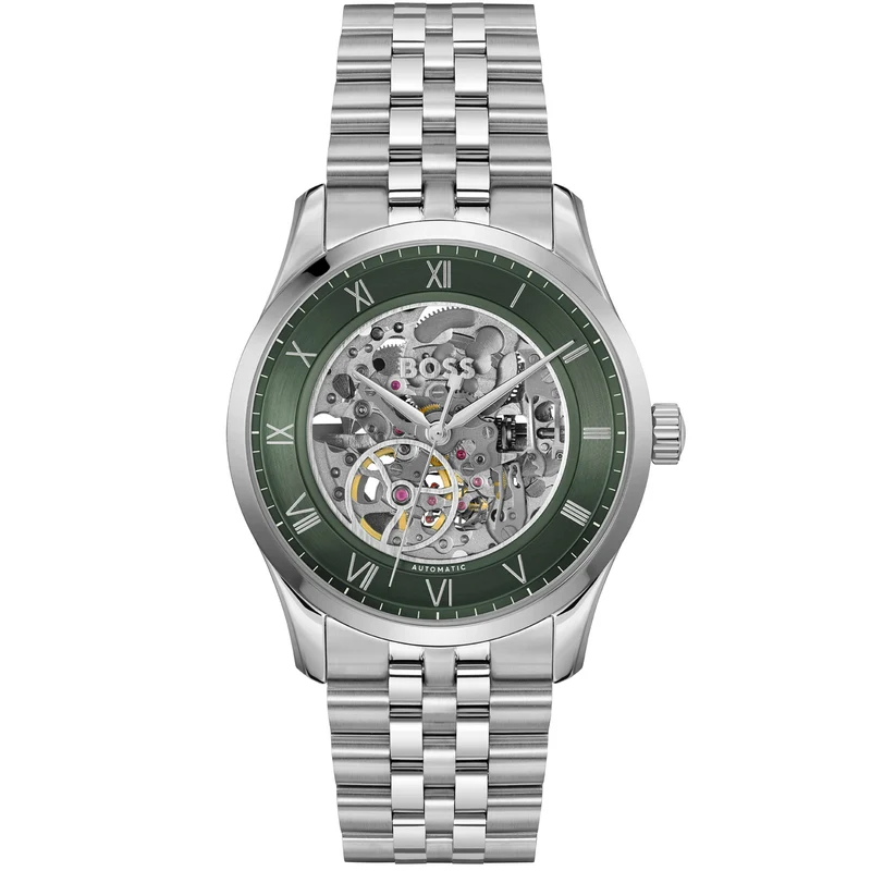 BOSS Principle Skeleton 1514236 Herren Armbanduhr Grün • Automatikwerk • Skelettiertes Zifferblatt