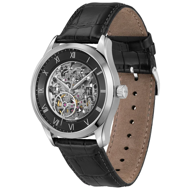 BOSS Principle Skeleton 1514234 Herren Armbanduhr Schwarz • Automatikwerk • Skelettiertes Zifferblatt