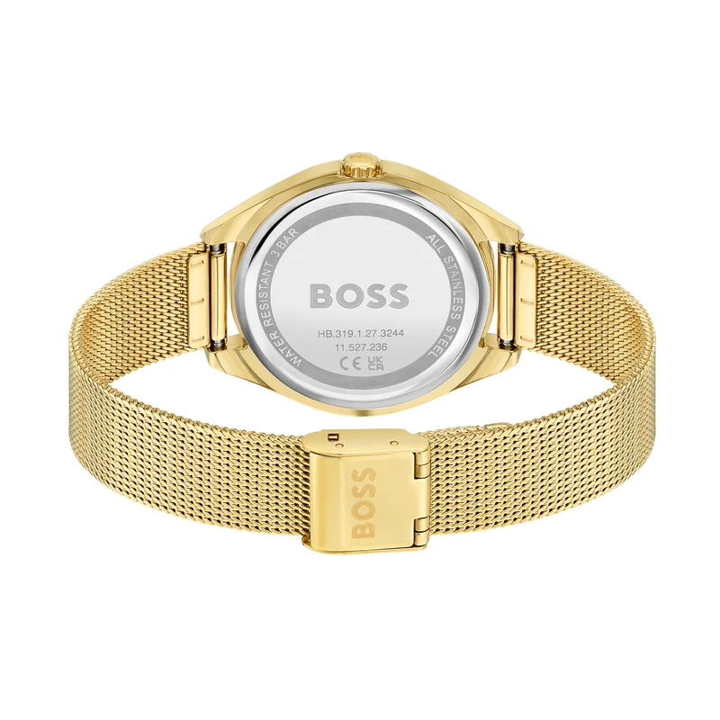 BOSS Saya 1502669 Damen Armbanduhr Goldfarben • Milanaise-Netzarmband • Zirkonia-Zifferblatt