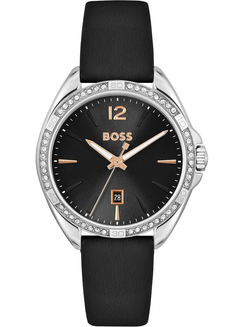 BOSS Felina 1502624 Damen Armbanduhr Schwarz • Schwarzes Lederarmband • Datumsanzeige
