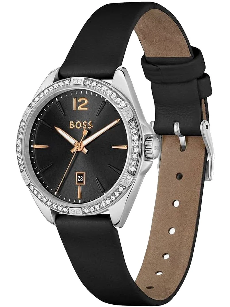 BOSS Felina 1502624 Damen Armbanduhr Schwarz • Schwarzes Lederarmband • Datumsanzeige