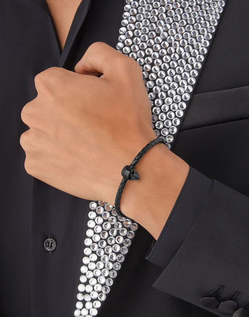 Philipp Plein Armband Herren Schwarz Leder Edelstahl PJYEA15BU