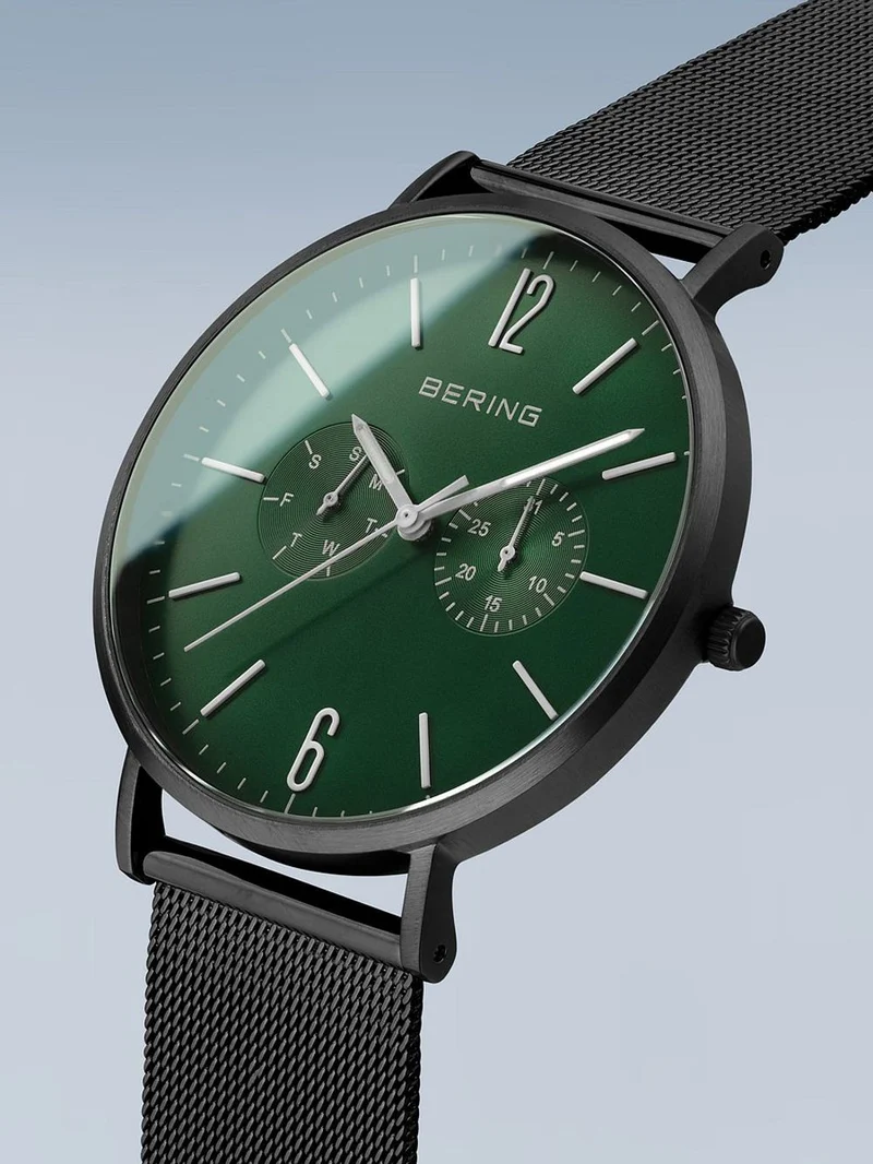 Bering Classic 14240-128 Herren Armbanduhr Grün-Schwarz • Meshband aus Edelstahl • Multifunktions-Quarzwerk
