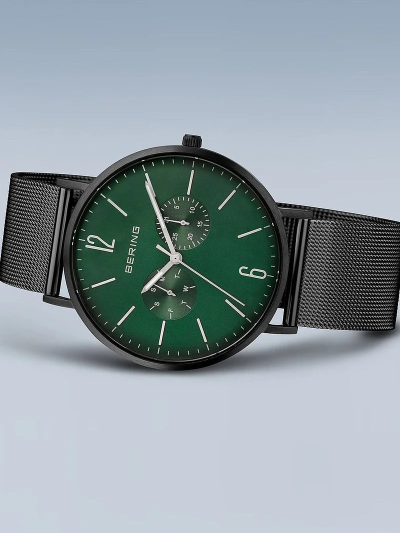 Bering Classic 14240-128 Herren Armbanduhr Grün-Schwarz • Meshband aus Edelstahl • Multifunktions-Quarzwerk
