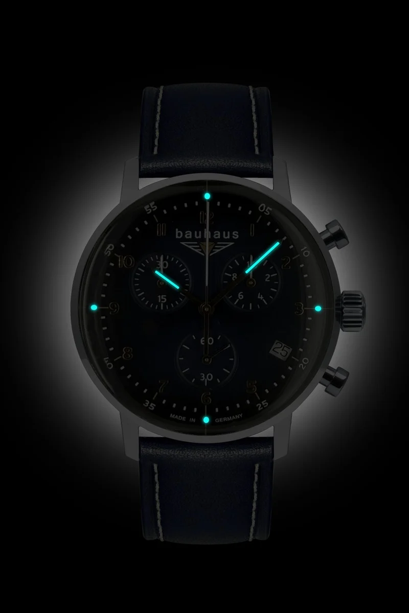 Bauhaus Dessau 2096-3 Herren Armbanduhr Blau • Schweizer Quarz-Chronograph • Made in Germany