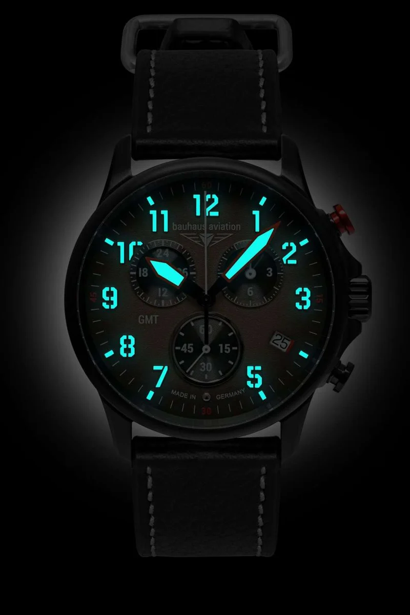 Bauhaus Aviation 2886-1 Herrenuhr Schwarz/Braun • GMT-Chronograph • Schweizer Quarzwerk ETA
