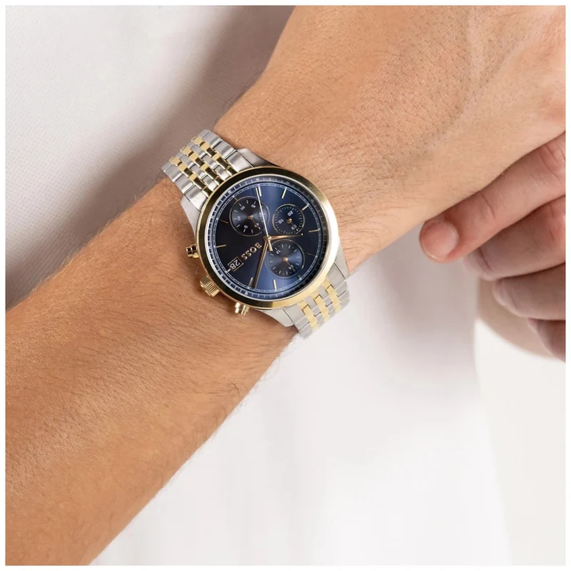 BOSS Stratus 1514329 Herren Armbanduhr Blau • Chronograph mit Datum • Zweifarbiges Edelstahlarmband