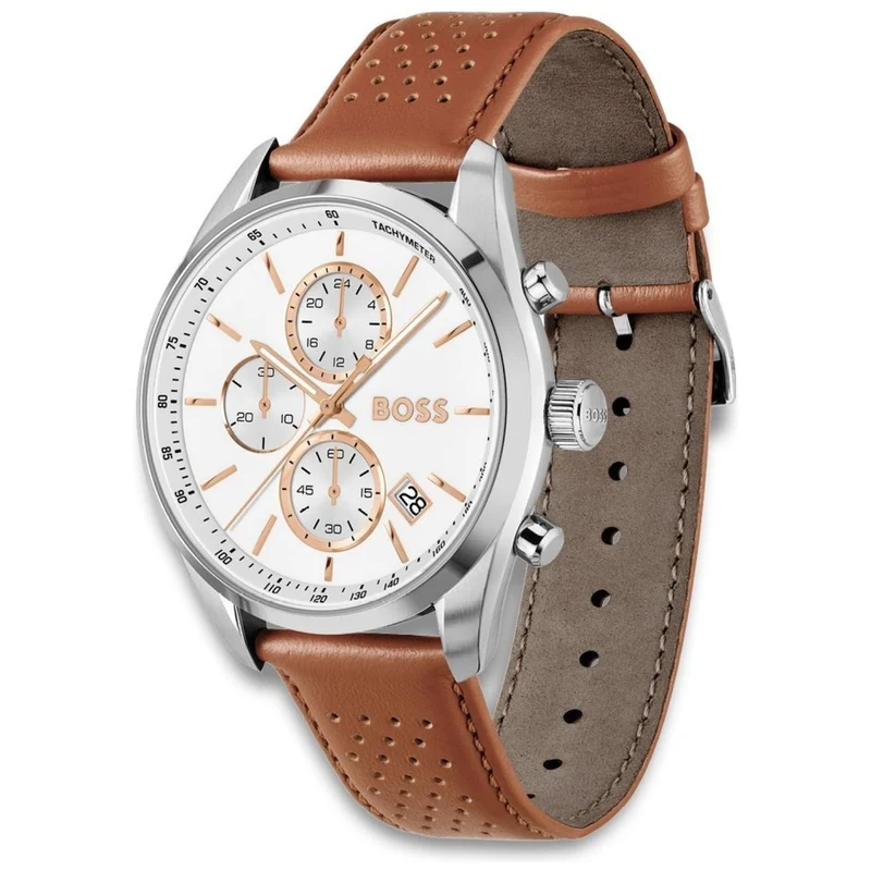 BOSS Grand Prix 1514313 Herren Armbanduhr Weiß • Chronograph mit Tachymeter • Perforiertes Lederarmband
