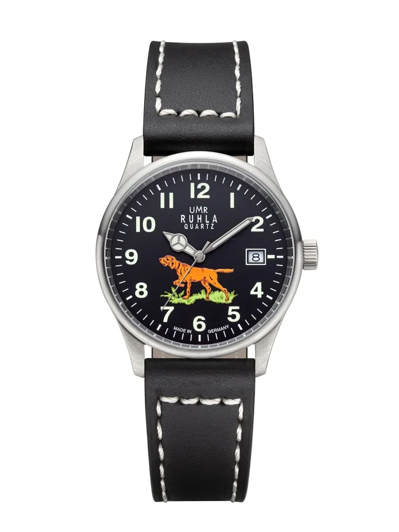 UMR Ruhla RUHLA-Jagd RCL88101 Herren Armbanduhr Schwarz • Quarzwerk Ronda 515 • Jagdhund-Motiv
