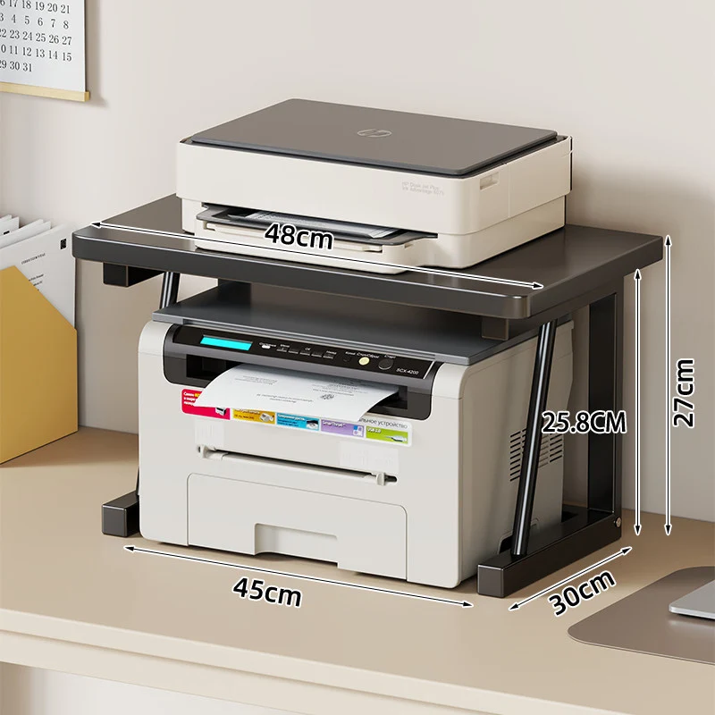 Desktop-Drucker- und Monitorständer mit erhöhtem Regalfach in Holzoptik und Metallrahmen