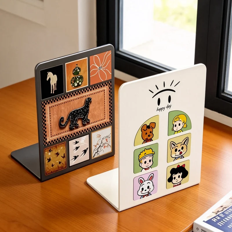 Niedlicher Cartoon Desktop Metall Buchstütze mit rutschfester Basis und dekorativem Panel