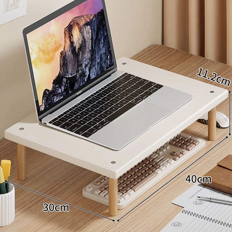 Kompakte Desktop-Laptop- und Monitorerhöhung mit Untertischstauraum und Holzbeinen