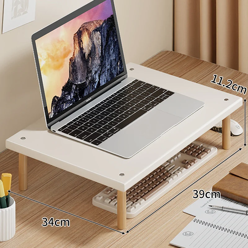 Kompakte Desktop-Laptop- und Monitorerhöhung mit Untertischstauraum und Holzbeinen