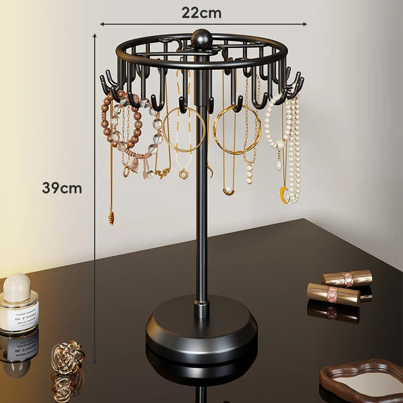 Rotierender gestufter Schmuckorganizer-Ständer mit Mehrarm-Haken und runden Ringtabletts