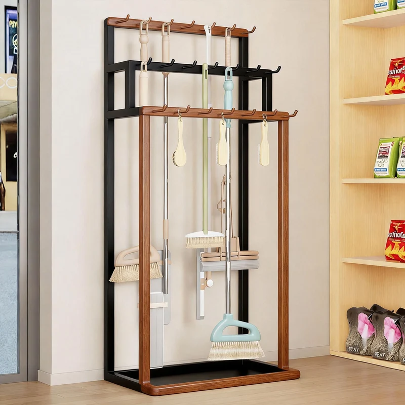 Vertikaler Mop- und Besen-Organizer-Rack mit Mehrfachhaken-Aufbewahrung