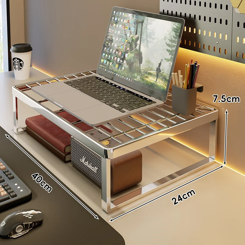 Belüftetes Metallgitter Laptop- und Monitorständer mit unterem Stauraumregal