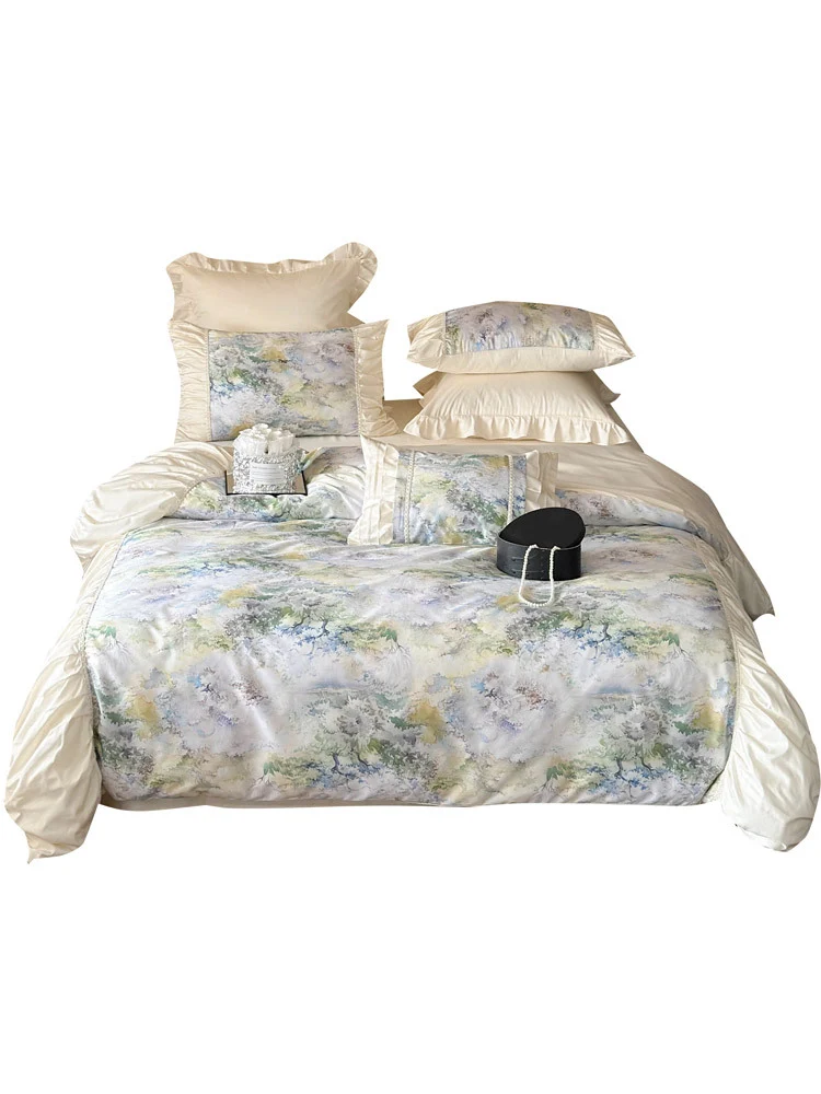 Luxuriöses Satin-Bettwäsche-Set mit Rüschen und Aquarellblumenmuster