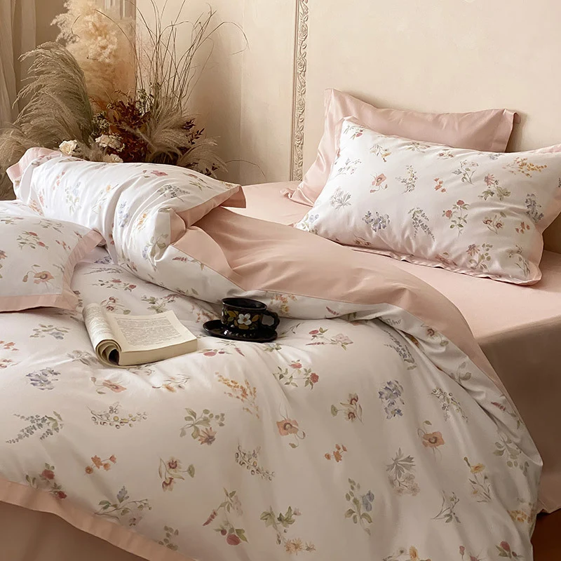 Luxuriöses Baumwollsatin-Bettwäsche-Set mit feinem Botanischem Druck und kontrastierter Kante