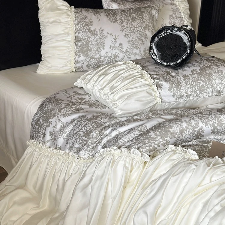 Premium-Baumwollsatin-Duvetbezug-Set mit gerafftem Volant und dekorativem Bettrock