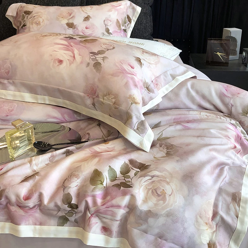 Luxuriöses Baumwollsatin-Bettwäsche-Set mit Aquarell-Rosenmuster und Satin-Bordüre