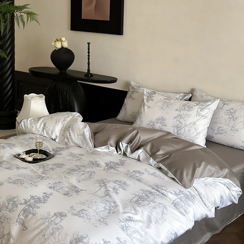 Wendbare Premium-Satin-Bettwäsche-Garnitur mit botanischem Aquarellprint und extraweichem Griff