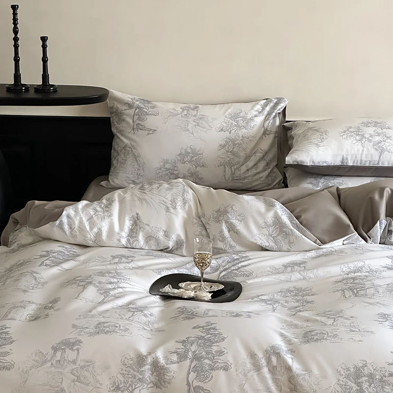 Wendbare Premium-Satin-Bettwäsche-Garnitur mit botanischem Aquarellprint und extraweichem Griff