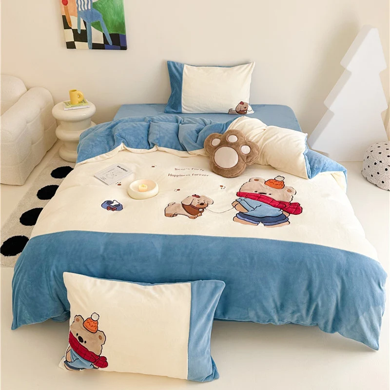 Kinder-Bettwäsche-Set aus softem Baumwoll-Mischgewebe mit gesticktem Astronauten- und Raketenmotiv