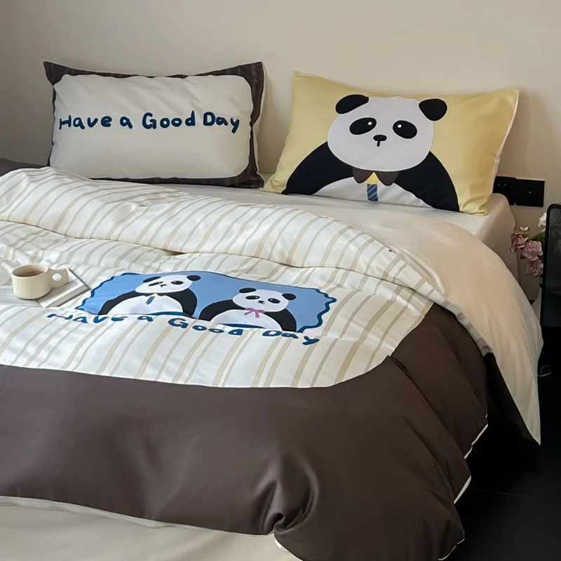 Bettwäsche-Garnitur aus Baumwollsatin mit Teddybär- und Frühstücks-Print