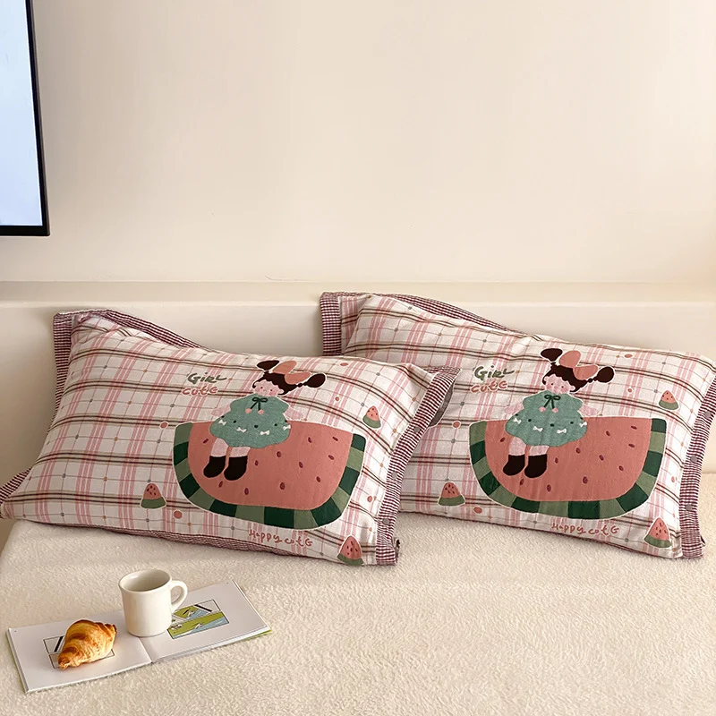 Kinder-Kissenbezüge mit niedlicher Bär-Applikation und kariertem Musselin-Look