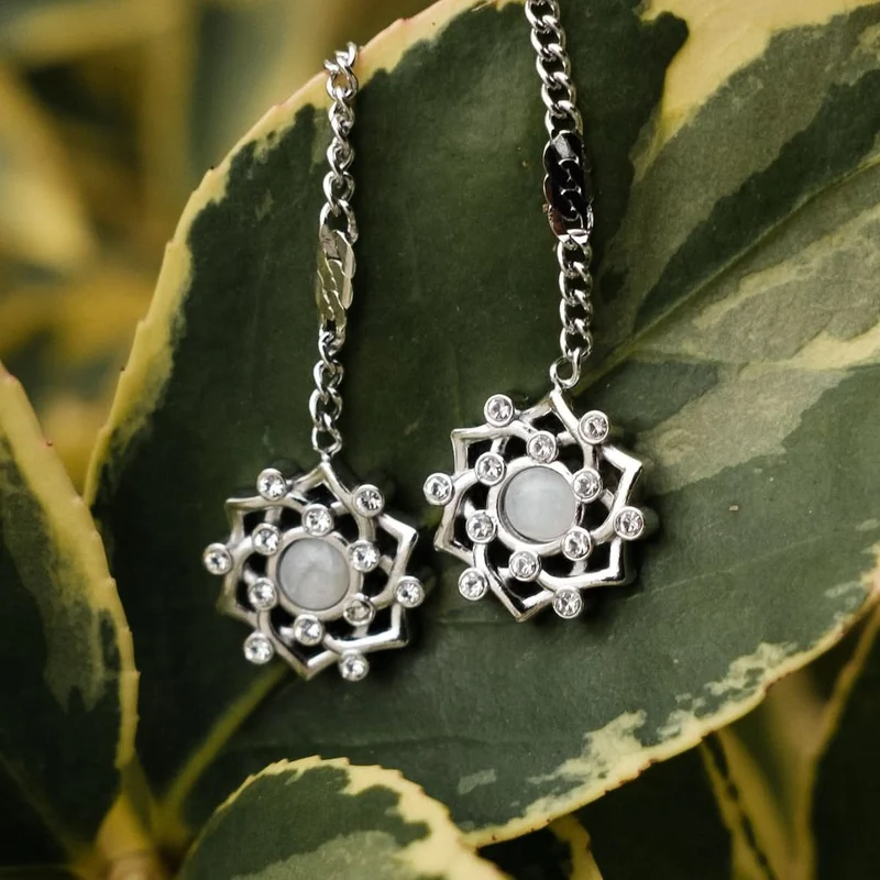 Composition Gem Ohrringe mit echtem Mondstein und Silber - Holzkern Modell