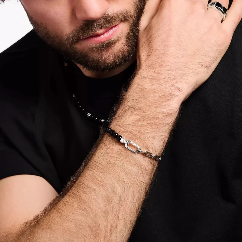 Armband mit schwarzen Onyx-Beads und Kettengliedern Silber